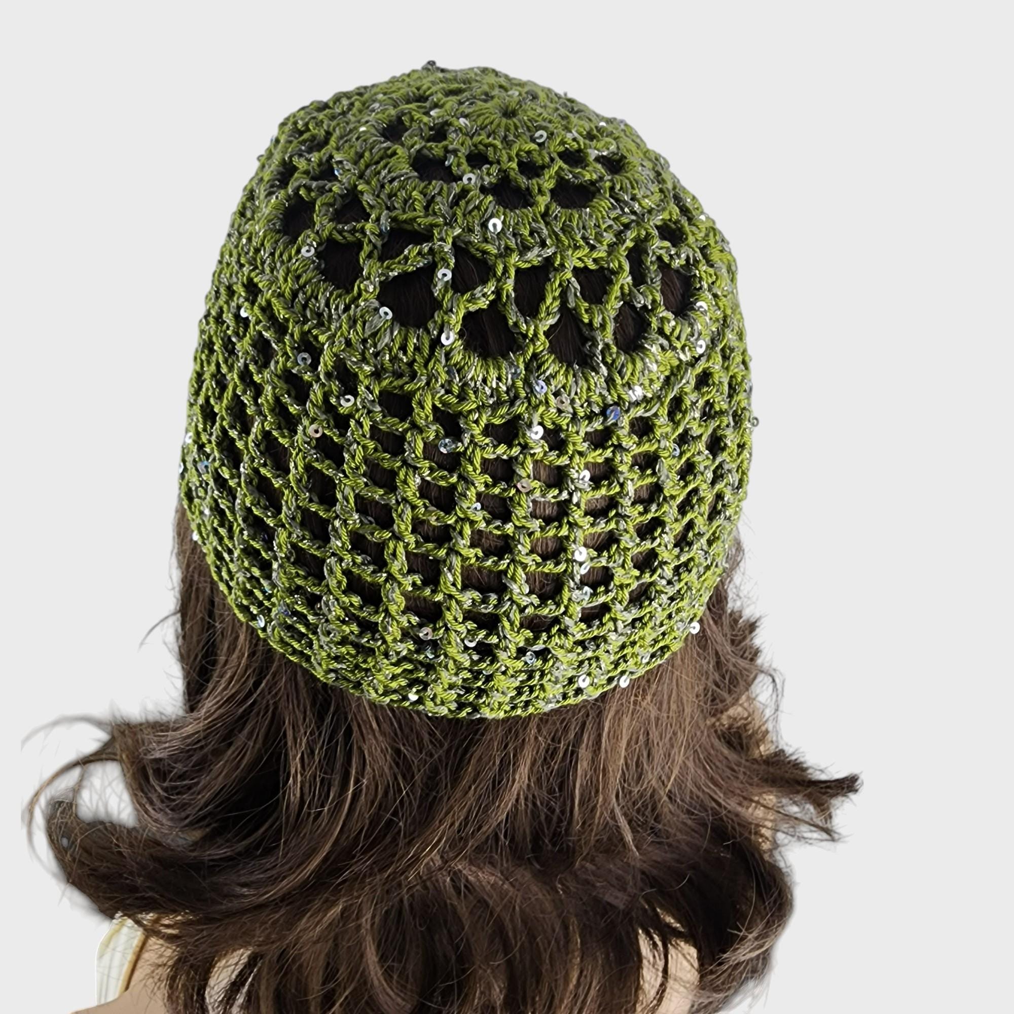 Created by Cyd Handmade Crochet Beanie Forest Green Mesh Knit Skull Cap Hat‎ NEW Crochet Green Mesh Beanie Hat: Forest Festival Skull Cap  main image 2