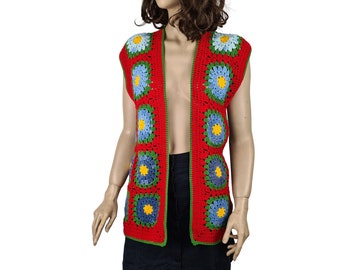 Oversized Crochet Vest, Red Granny Square Vest, Large Afghan Vest, Women Jacket, Afghan Vest, Crochet Cardigan, gift for her