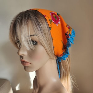 triangle neckscarf, orange hair kerchief, flannel bandana, cottagecore headscarf, romantic bandana, head scarf for women, gift for her