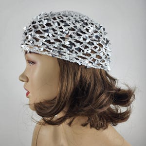 silver mesh beanie hat with sequins, sparkly beanie net hat crochet hat mesh scull cap beanie vintage style shiny Lace hat