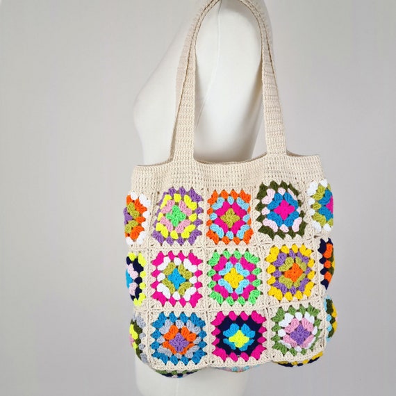 Crochet Bag Afghan Granny Square Ecru Bag Hobo Bag Boho | Etsy