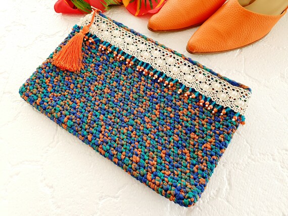 CLEARANCE SALE Blue Clutch Bag Crochet Summer Bag | Etsy