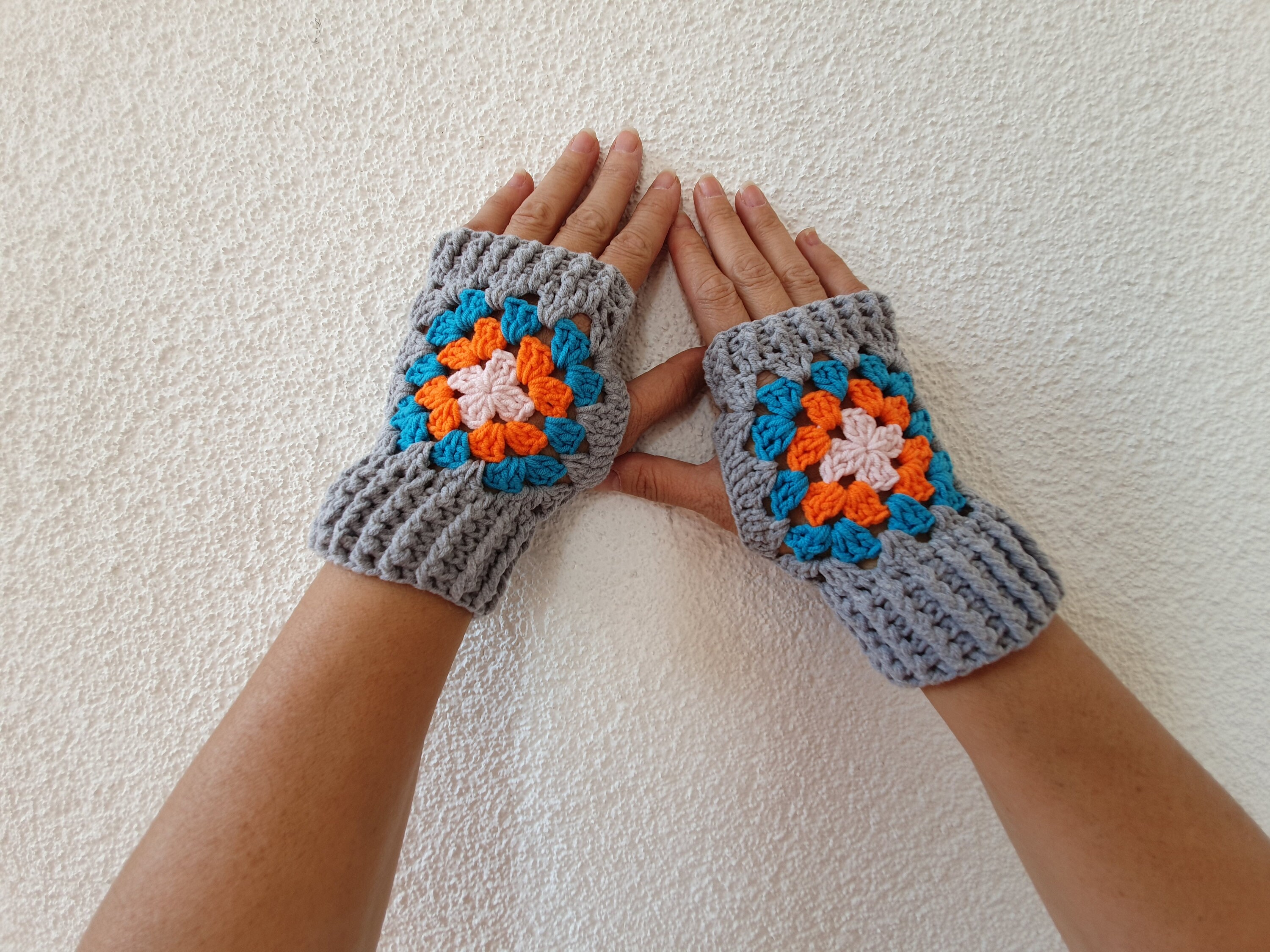 Crochet fingerless granny square gloves gray crochet Etsy