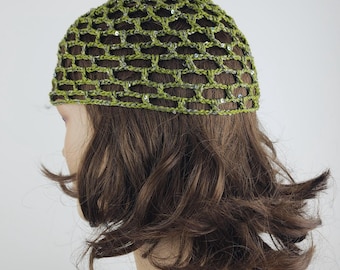 crochet green mesh hat, all color skull cap, netted mesh cap, handmade hat, mesh beanie with sequins, vintage netted hat, crochet mesh
