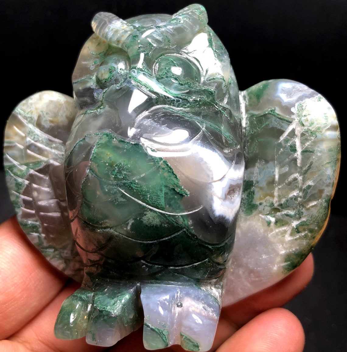 Moss agate owl 189g Wow Sea Jasper Crystal Ocean Jasper | Etsy