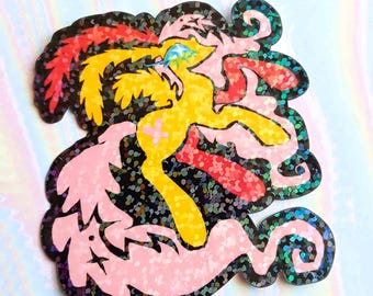 May include: A colorful sticker featuring a stylized yellow creature with red and yellow accents, set against a black background with glitter. Pink, glittery swirls surround the central figure, creating a whimsical design.