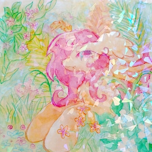 May include: A watercolour-style illustration featuring a central pink-maned pony figure surrounded by green foliage, small orange flowers, and light pink blossoms, overlaid with a shimmering, holographic, geometric shard effect.