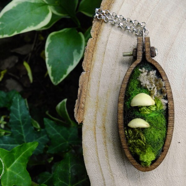 Forest moss embroidery art Mushroom pendant Tiny nature charm Frame necklace
