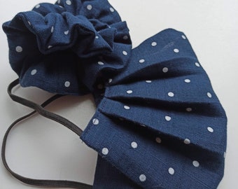 Linen Face Mask , scrunchie  , blue polkadot   Washable and reusable ,face mask with filter pocket