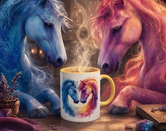 Taza de café con caballos míticos: Caballos en acuarela, regalo para amantes de los caballos