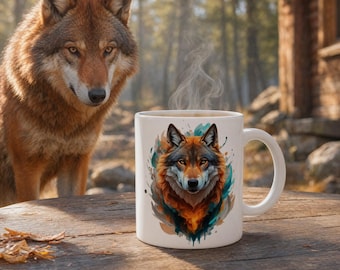 May include: A white ceramic mug featuring a detailed wolf portrait with orange, brown, and teal accents. Steam rises from the mug, suggesting a hot beverage. A real wolf stands in the background on a wooden table.