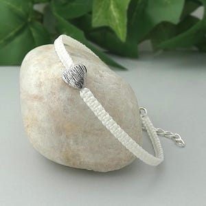 White Macrame Bracelet: Silver Plated Heart, Adjustable Friendship Jewellery