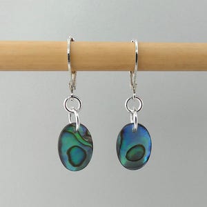 Boucles d'oreilles articulées en abalone pour femmes. Petit coquillage ovale en paua avec boucles d'oreilles dormeuses en métal argenté.