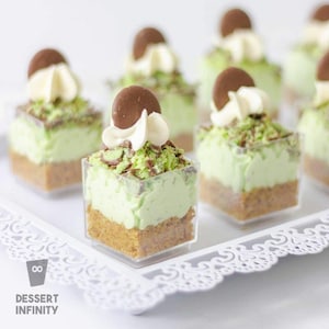 Può includere: Piccoli dessert quadrati con base di biscotto, farciti con crema verde menta, scaglie di cioccolato, panna montata e un dischetto di cioccolato. Presentati su un vassoio bianco decorativo. Il logo "Dessert Infinity" è visibile.
