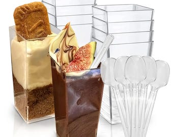 Lot 50 Tasses à Dessert 200 Ml + 50 Cuillères - Gobelets Transparents Réutilisables - Idéal Puddings, Mousses, Glaces, Fêtes