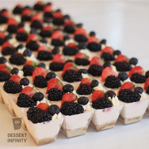 Può includere: File di dessert individuali in bicchieri quadrati trasparenti. Ogni dessert ha una base di biscotto, un ripieno cremoso ed è guarnito con fragole fresche, mirtilli e more. Il testo "DESSERT INFINITY" è visibile.