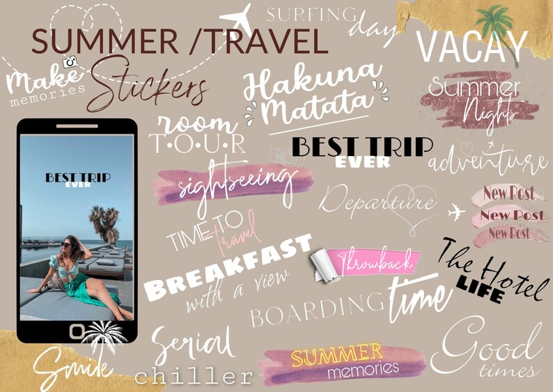 130 Travel Summer Instagram Story Stickers Digital Download 画像 1