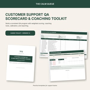 Könnte beinhalten: Ein digitales Customer Support QA-Scorecard- und Coaching-Toolkit mit einem weißen Implementierungsleitfaden, einer detaillierten Scorecard-Tabelle und einem Leistungs-Dashboard mit dunkelgrünen Überschriften auf hellem Grund.