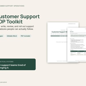 Könnte beinhalten: Ein Customer Support SOP Toolkit Dokumentenset mit 17 Seiten, bearbeitbaren Word- und PDF-Formaten. Der Text enthält Customer Support SOP Toolkit, Plan, write, review, and roll out support procedures people can actually follow.