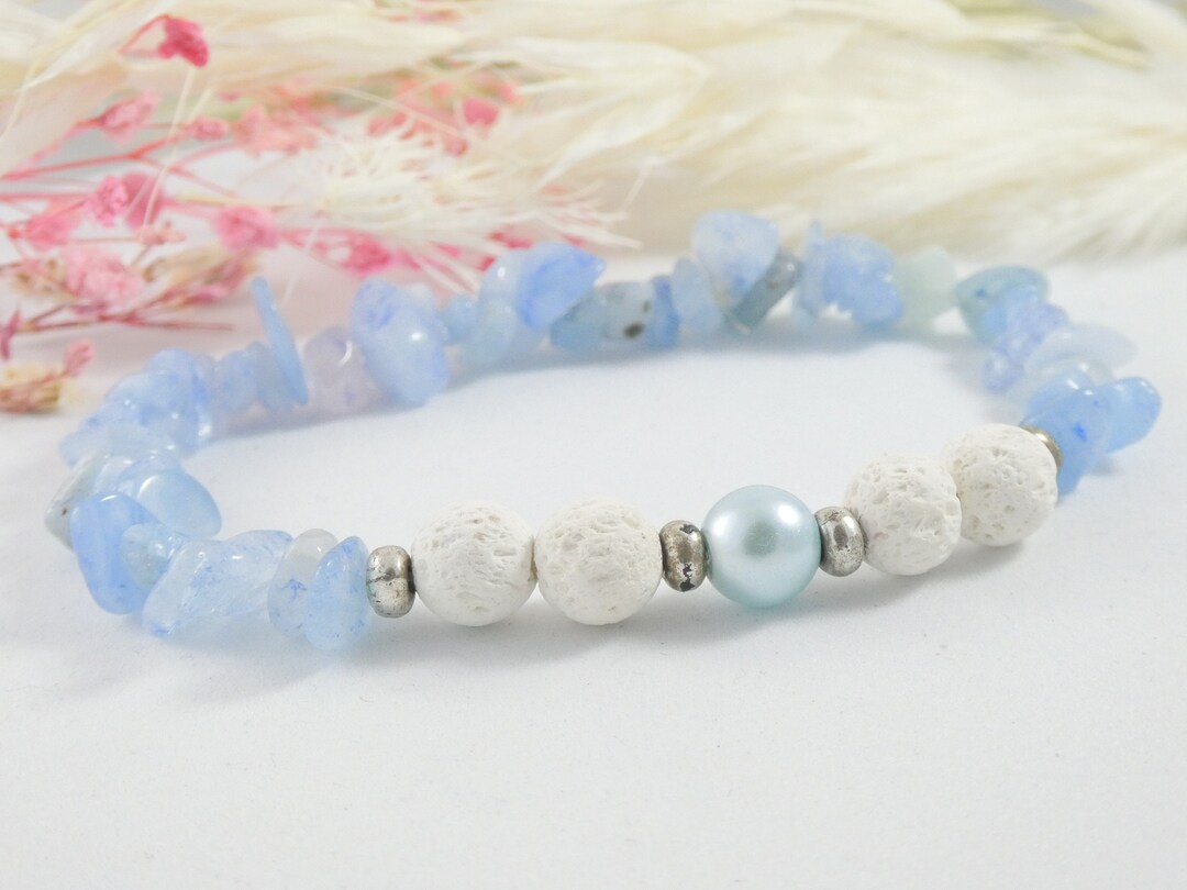 Bracelet Aigue-marine Naturelle 10mm – Pierres Rondes Bleues – Élastique – Fait Main UK