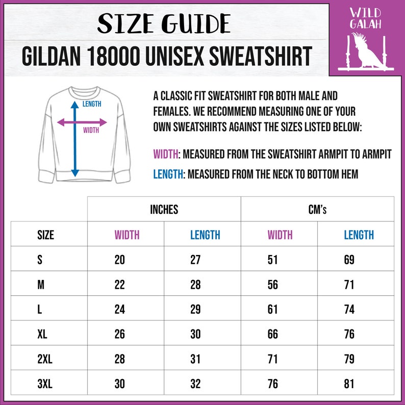 May include: Size guide for a Gildan 18000 unisex sweatshirt. The chart shows measurements in inches and centimeters for sizes S through 3XL. The measurements include width, measured from armpit to armpit, and length, measured from the neck to the bottom hem.