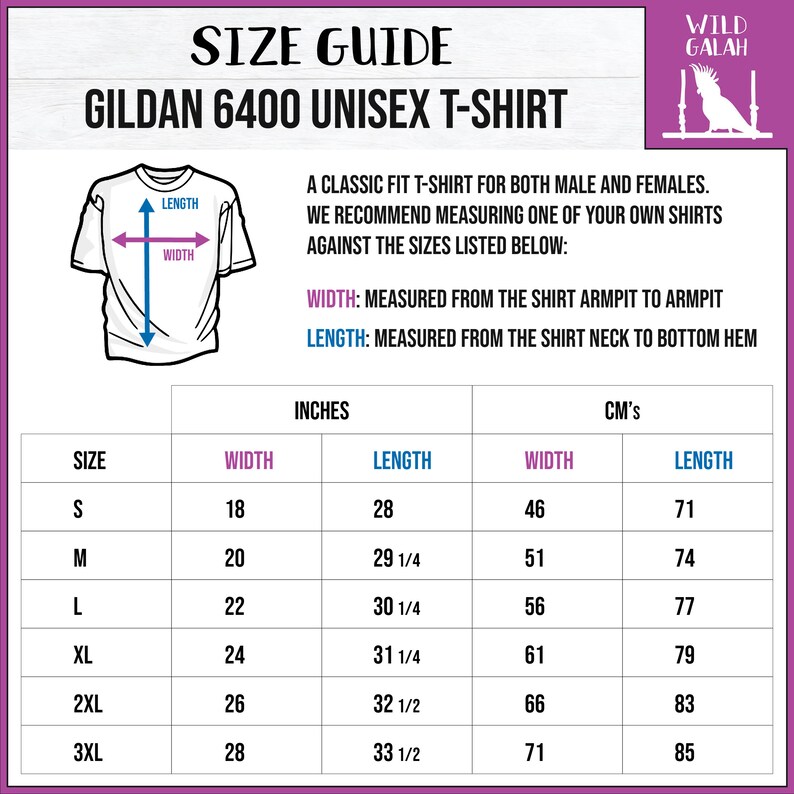 Puede incluir: Gu&iacute;a de tallas para camiseta unisex Gildan 6400. Incluye medidas en pulgadas y cent&iacute;metros. El ancho se mide de axila a axila, y el largo del cuello al dobladillo. Tallas de la S a la 3XL.