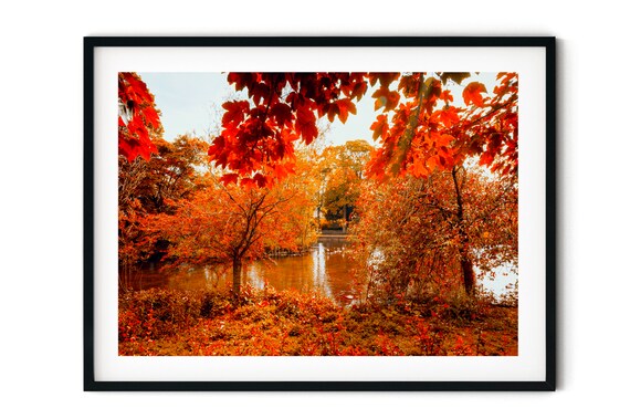 Autumn Print Lake Art Red Wall Leaves Turning - Water Wall Art Uk Autumn Print Lake Art Red Wall Leaves Turning - Water Wall Art Uk