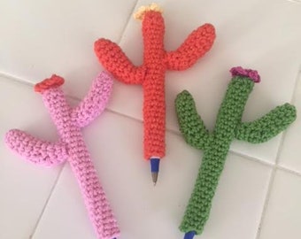 Cactus Pencil Cozy Set of 3 Crochet Green Pink Pen