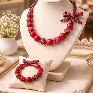 Luxury Folk Wooden Necklace & Bracelet Set | Glossy Wooden Beads | Fabric-Finished | Adjustable | Handmade Jewelry