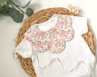 Liberty pretty floral scalloped dribble bib, pastel pink flower girl baby collar bib