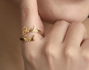 Anello con doppio nome personalizzato, anello placcato oro 18k, anello con due nomi, anello con nome, anello regolabile, regalo per damigella d'onore, regalo personalizzato, regalo per lei.