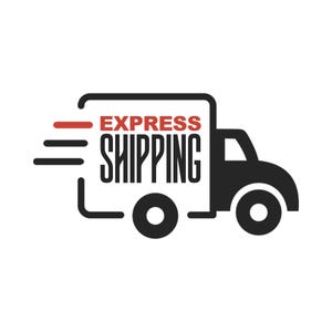 May include: Black and white graphic of a delivery truck with the words "EXPRESS SHIPPING" in red and black. The truck has a box-shaped cargo area and is depicted with motion lines, suggesting speed and efficiency.