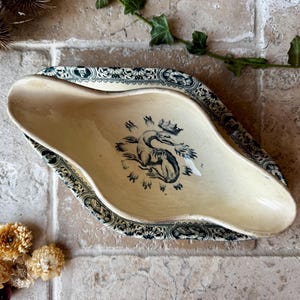 Antique French Terre de Fer Salins Saucier with Dark Teal Dragon Motif | Vintage Ironstone Sauce Dish or Gravy Boat | French Country Decor