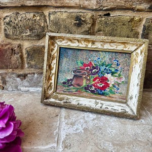 Antique 19th Century Small French Framed Oil on Board | Decorative Original Floral Still Life Painting | Vintage Home Decor