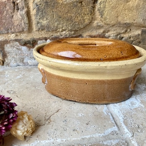 Antique 19th Century French Stoneware Terrine | French Stoneware or Earthenware Cooking Pot | Glazed Lidded Terrine