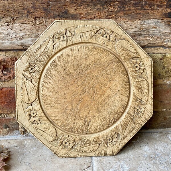 Rare Antique English Octagonal Carved Sycamore Breadboard | Scarce Treen Eight Sided Bread Board Carved with Rosettes & Leaves