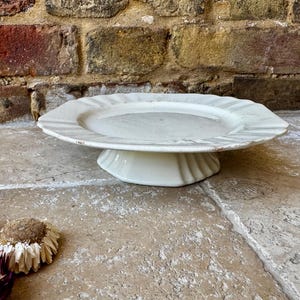 Antique Early 20th Century White Ironstone Cake Stand or Plate | Boch La Louviere Small Compote Dish with Ribbed Footed Base