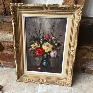 Antique French Signed Oil on Board with Gilt Style Frame | Decorative Vintage Original Floral Still Life Painting | Vintage Home Decor