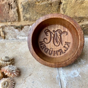 Rare Antique 19th Century Carved Wooden Butter Mould | Treen Mould with Monogram & Farm Name | Victorian Collectable Kitchenalia