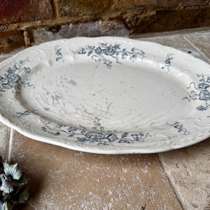 Antique French Longchamp Terre de Fer Serving Platter | Decorative Blue Transferware Plate | Oval Platter
