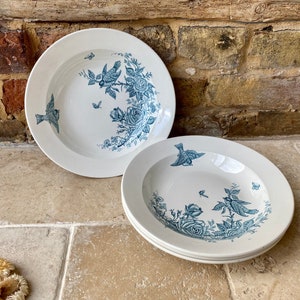 One Antique Early to Mid 20th Century Belgian Ironstone Bowl | Nimy Shallow Serving Bowl | Teal Blue Transferware Bowls