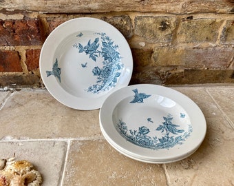 One Antique Early to Mid 20th Century Belgian Ironstone Bowl | Nimy Shallow Serving Bowl | Teal Blue Transferware Bowls