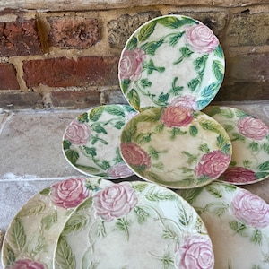 One x French Decirative Antique Majolica Side Plate | Plate Decorated with Pink Roses and Rosettes | Rustic Vintage French Ceramics