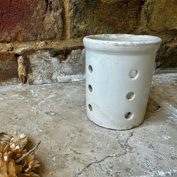 Antique French White Ironstone Pierced Cheese Mould by Sarreguemines | Rustic Goats Cheese Strainer | Faisselle Pot