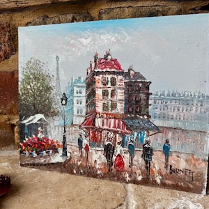 Vintage French Signed Oil Painting on Canvas | Original Parisian Scene Featuring Le Tour Eiffel and Flower Market | Burnett Painting