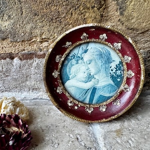 Small Florentine Framed Picture: Antique Religious Trinket, Christian Memento, Madonna and Child, Baby Jesus