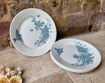 One Antique Early to Mid 20th Century Belgian Ironstone Plate | Nimy Side Plate | Teal Blue Transferware Bowls