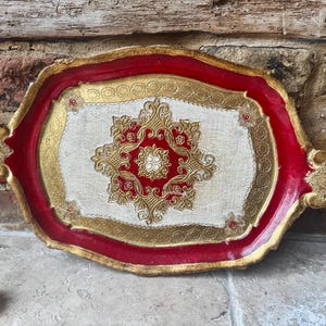 Bandeja florentina pintada a mano de principios a mediados del siglo XX / Impresionante bandeja italiana roja y dorada con asas / Antigüedad decorativa