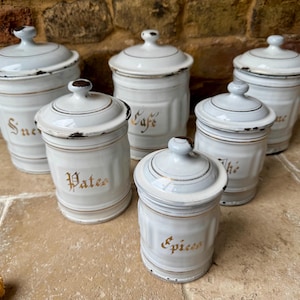 Antique French Set of Six White Enamel Kitchen Storage Jars or Canisters | White & Gold Rimmed French Jars | French Brocante Home Style