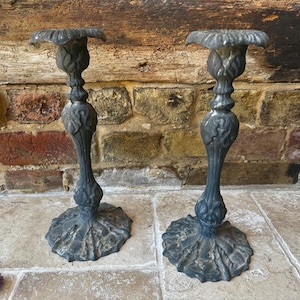 Vintage French Rare Pair of Heavy Metal  Candlestick Holders | Large Candlesticks with Acanthus Leaves | Decorative French Home Decor